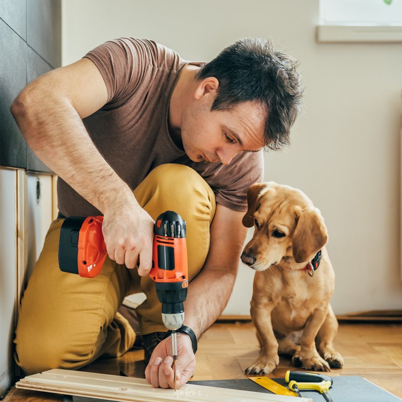 Dog looking at working man from SPECIALIZED FLOOR COVERINGS in Dundas, MN